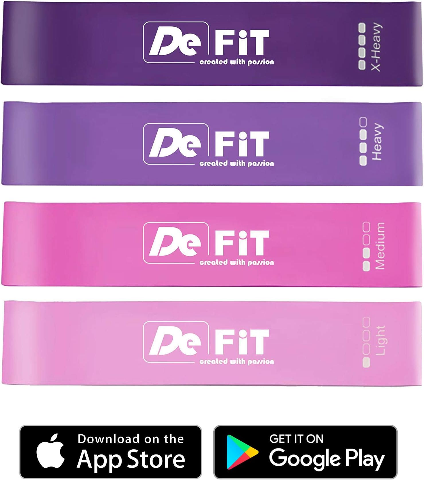 DeFiT Premium Resistance Booty Bands - Thick Elastic Bands for Legs and Butt – Set of 4 Butt Workout Resistance Bands + Carry Bag + Unique Workout iOS/Android App + Videos + eBooks + Nutrition Guide