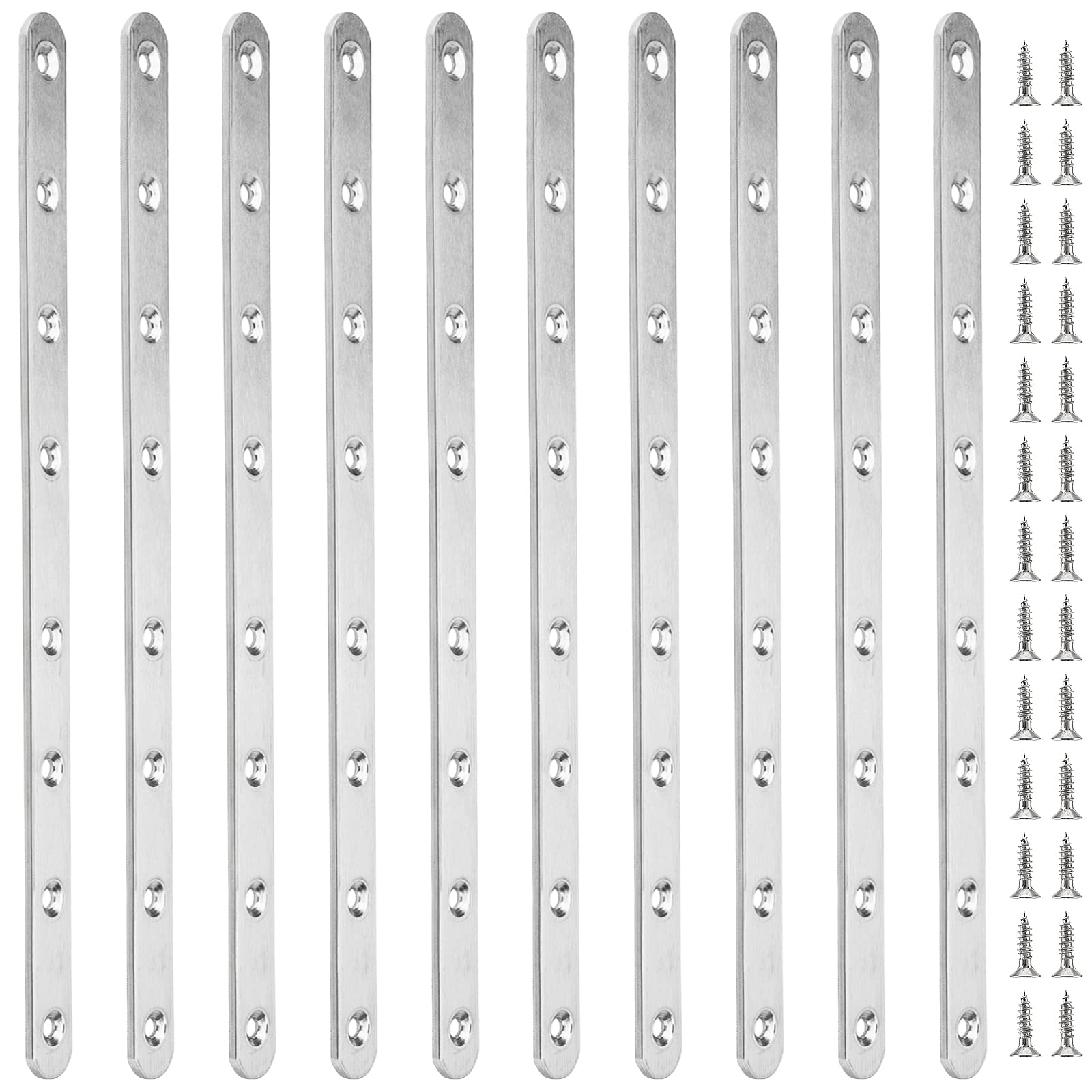 PINGEUI Pack of 10 293 x 19 mm Flat Connectors Stainless Steel Perforated Plates, Flat Corner Bracket Connection Plate 8 Holes Wood Connector with 80 Screws Metal Connector for Wood Furniture Repair
