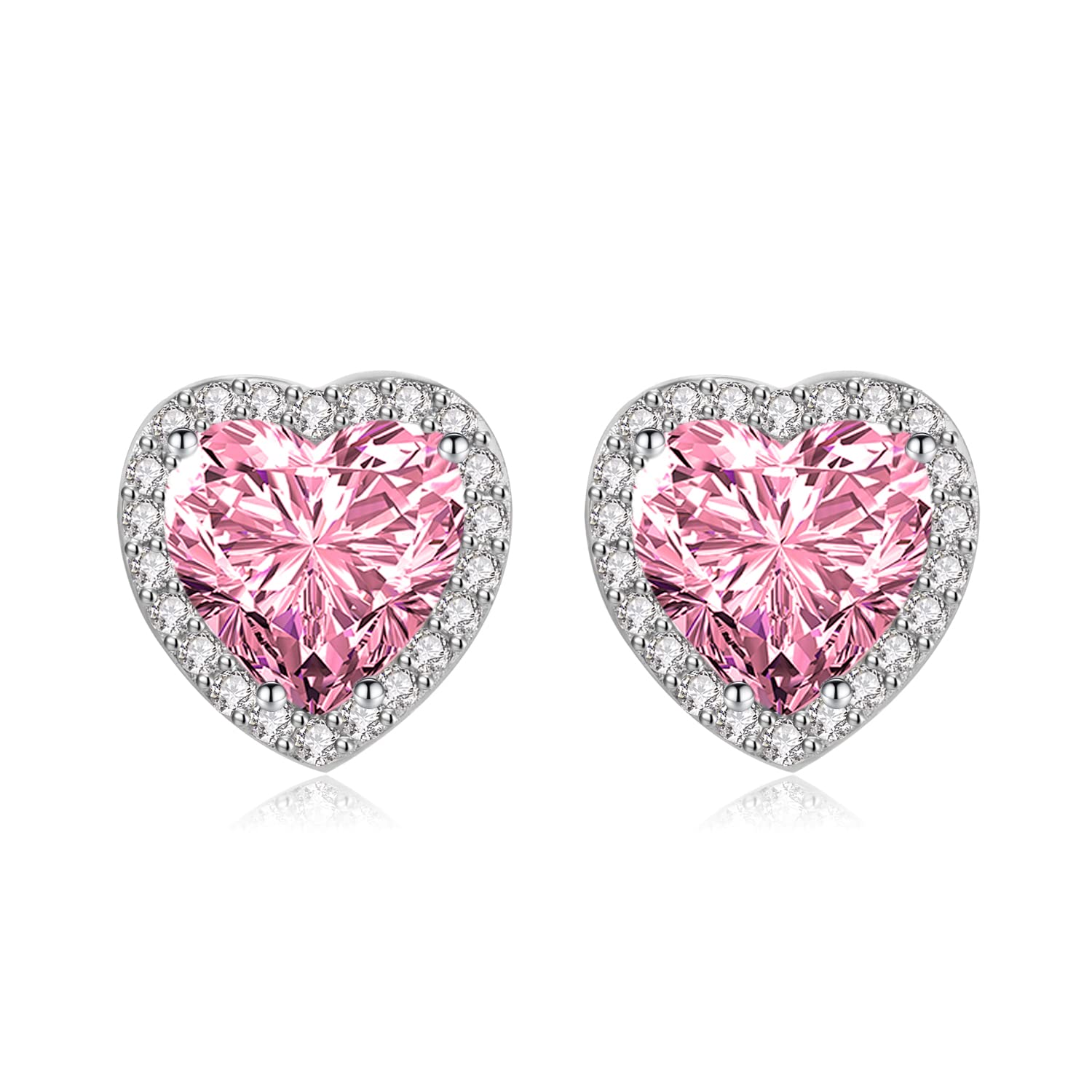 Shuxin Sterling Silver Stud Earrings for Women, Silver Heart Cubic Zirconia Stud Earrings, Big Pink Faux Crystal Diamond Gemstone Studs Earrings, Bridal Earrings for Brides Bridesmaids Wedding