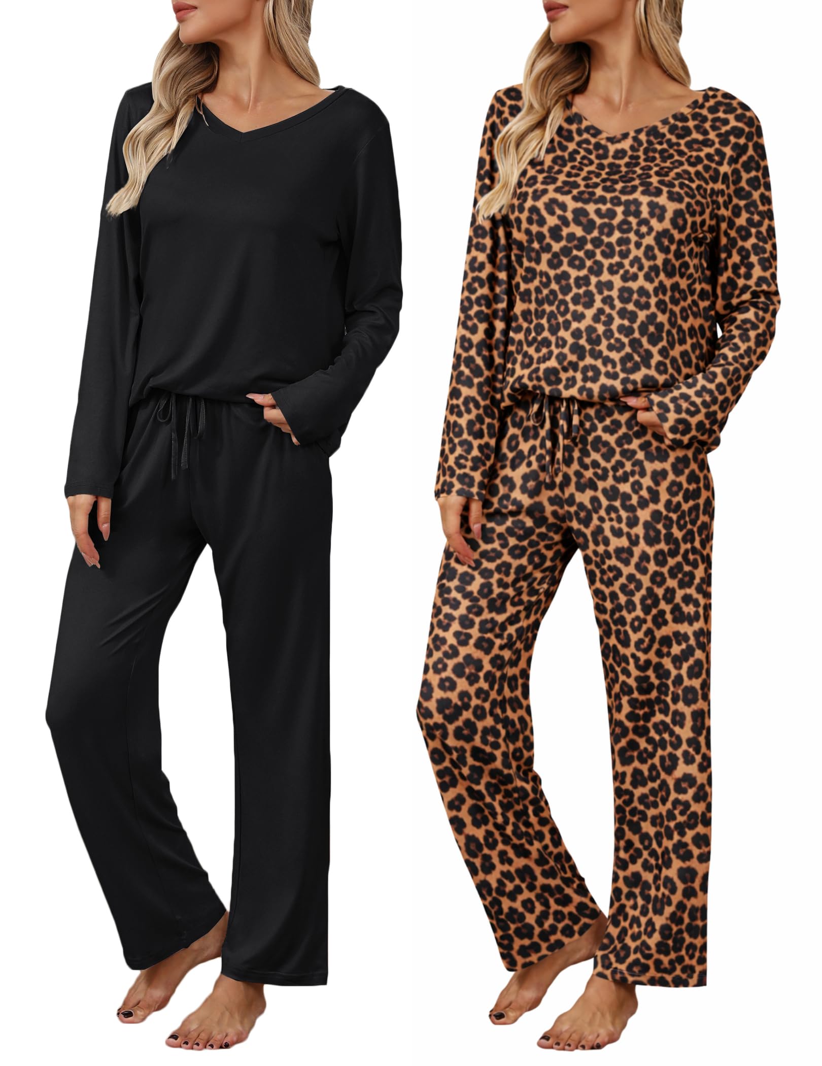 Ekouaer Womens 2 Pack Pajama Set Short & Long Sleeve Pajamas Top and Pants V Neck Pjs Set Soft Loungewear with Pockets Leopard,black Image