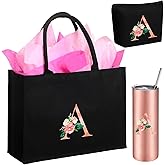 Huhumy Initial Canvas Tote Bag for Women Makeup Bag Monogram Initial Tumbler Personalized Birthday Valentine Gifts