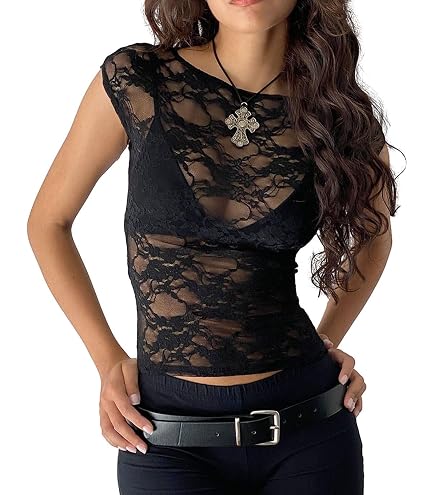 Owl's-Yard Women's Sexy Sheer Lace Tops Y2k Cap Sleeve Scoop Neck