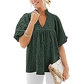 MASCOMODA Womens Summer Tops 2026 Ruffle V Neck Blouses Loose Puff Short Sleeve Jacquard Babydoll Tops Casual Dressy T-Shirts