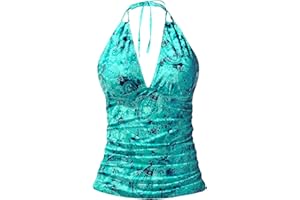 Women's Halter Tankini Top V Neck Tummy Control Bathing Suit Top Tummy Control Full Coverage Swimwear