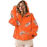 SeekMe Womens Game Day Sweatshirts Football Sequin Hoodies Tailgate Outfits Long Sleeve Zipper Sweaters with Pocket