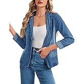 Ellunis Womens Denim Jackets Long Sleeve Lapel Button Slim Office Pocket Washed Business Jean Jacket