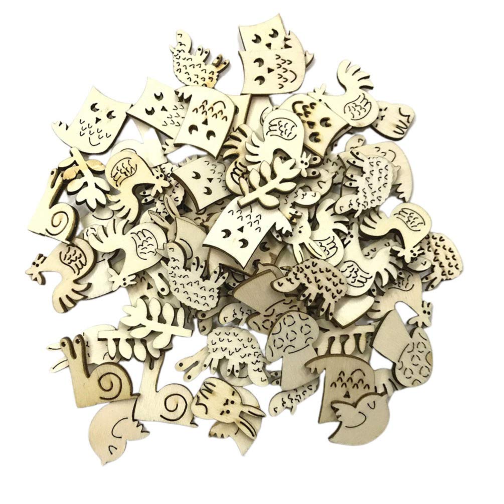 100pcs Wooden Easter Animal Cutouts Slices Bunny Chick Bird Owl Snail Wood Shapes Embellishments DIY Wood Craft for Easter Party Decoration Tags