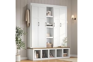 Merax Modern Farmhouse Hall Tree with Bench, 4-in-1 Entryway Storage Cabinet & Shoe Organizer with Hooks, White