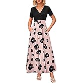 WNEEDU Women's Summer Maxi Dress Short Sleeves Wrap V Neck Long Dresses with Pockets