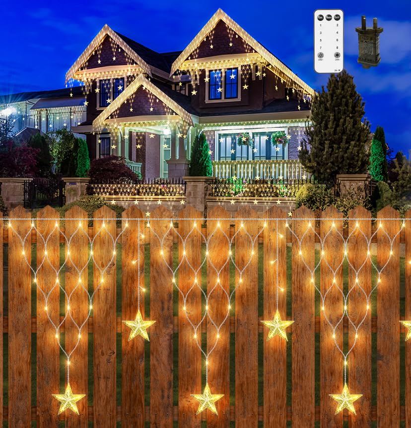 CORST 4M Outdoor Net Lights Plug in,Star Hanging Net Mesh Lights for Bushes, Outside Garden Tree Lights Waterproof with Remote Timer for Balcony Fence Roof Wall(Warm White)