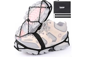 Sfee Ice Cleats for Walking on Ice Snow Grips Crampons Traction for Shoes/Boots, Anti-Slip Portable Flexible Footwear for Walking Climbing Hiking Fishing Outdoor Running with 2 Adjustable Straps