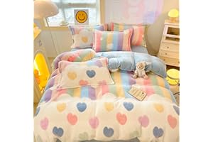 KASBLUEL Bedding Sets, Pink Rabbit Duvet Cover Aesthetic Comforter Covers Ultra Fluffy Blanket Soft Cute Kawaii Bed Set for Toddler Teen Kids Girls Women (Rainbow, Queen)