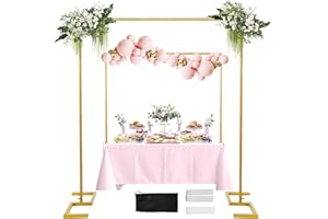 WellSign 8.2FT Square Arch Backdrop Stand,Metal Gold Backdrop Stand Heavy Duty Adjustable,Extra 2 Clamps Change Over The Table Rod Stand,Wedding Balloon Arch Stand for Baby Shower Parties Decoration