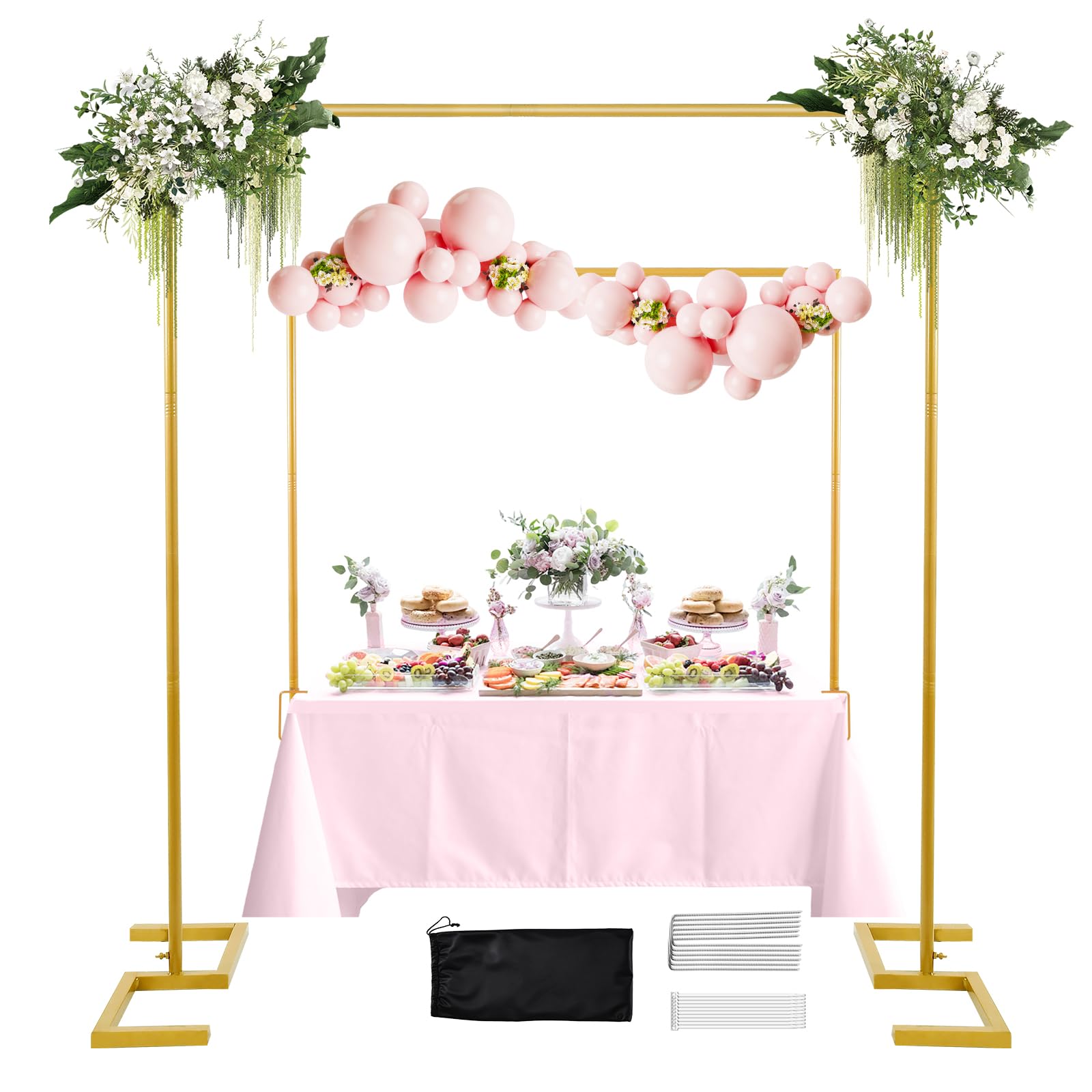 Photo 1 of WellSign 8.2FT Square Arch Backdrop Stand,Metal Gold Backdrop Stand Heavy Duty Adjustable,Extra 2 Clamps Change Over The Table Rod Stand,Wedding Balloon Arch Stand for Baby Shower Parties Decoration