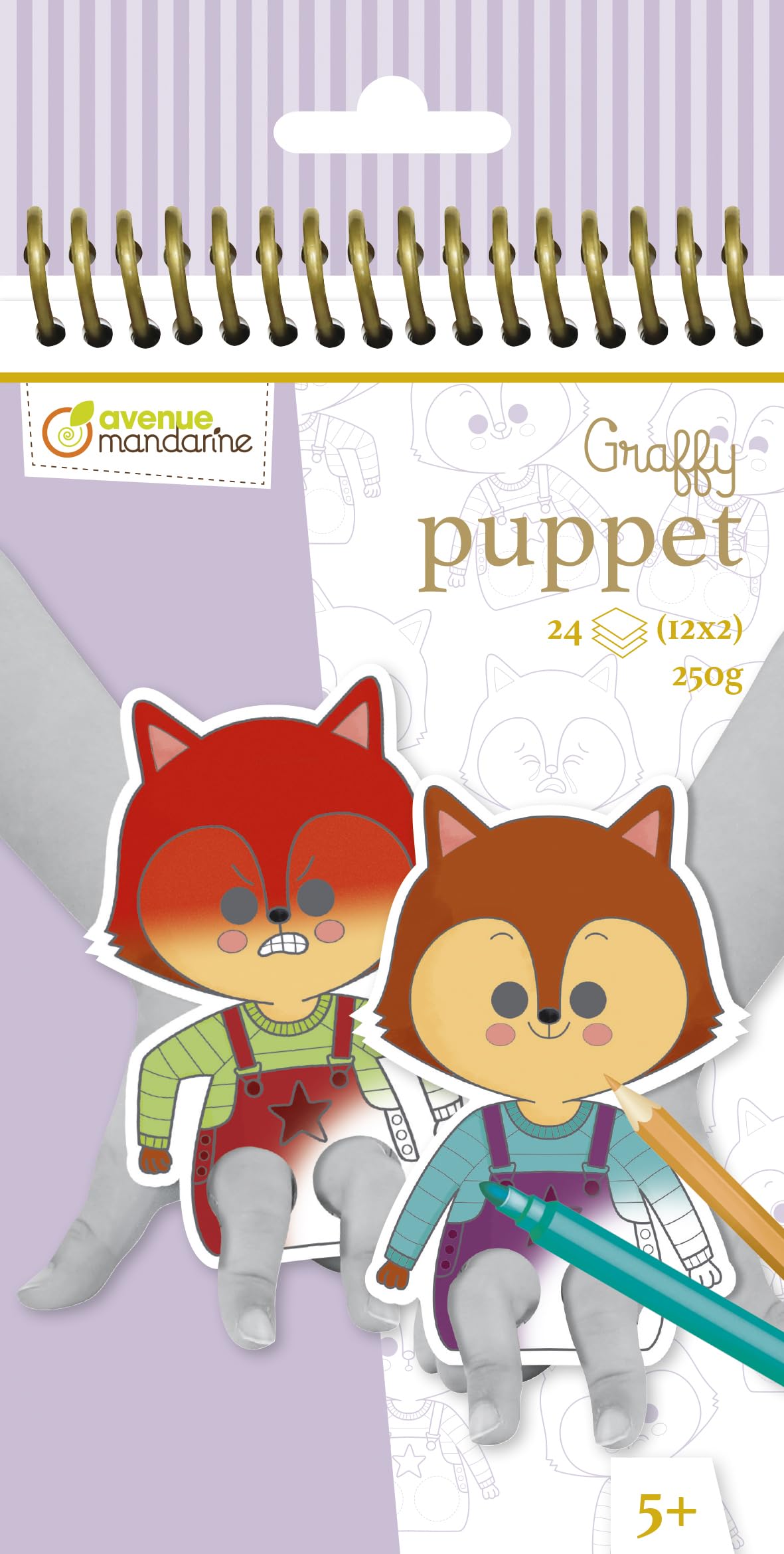 Avenue Mandarine GY137C - A Graffy Puppet Colouring book - 24 pre-cut finger puppets 12x12 cm - From age 5 - EMOTIONS THEME - Ideal for felt-tips and pencils
