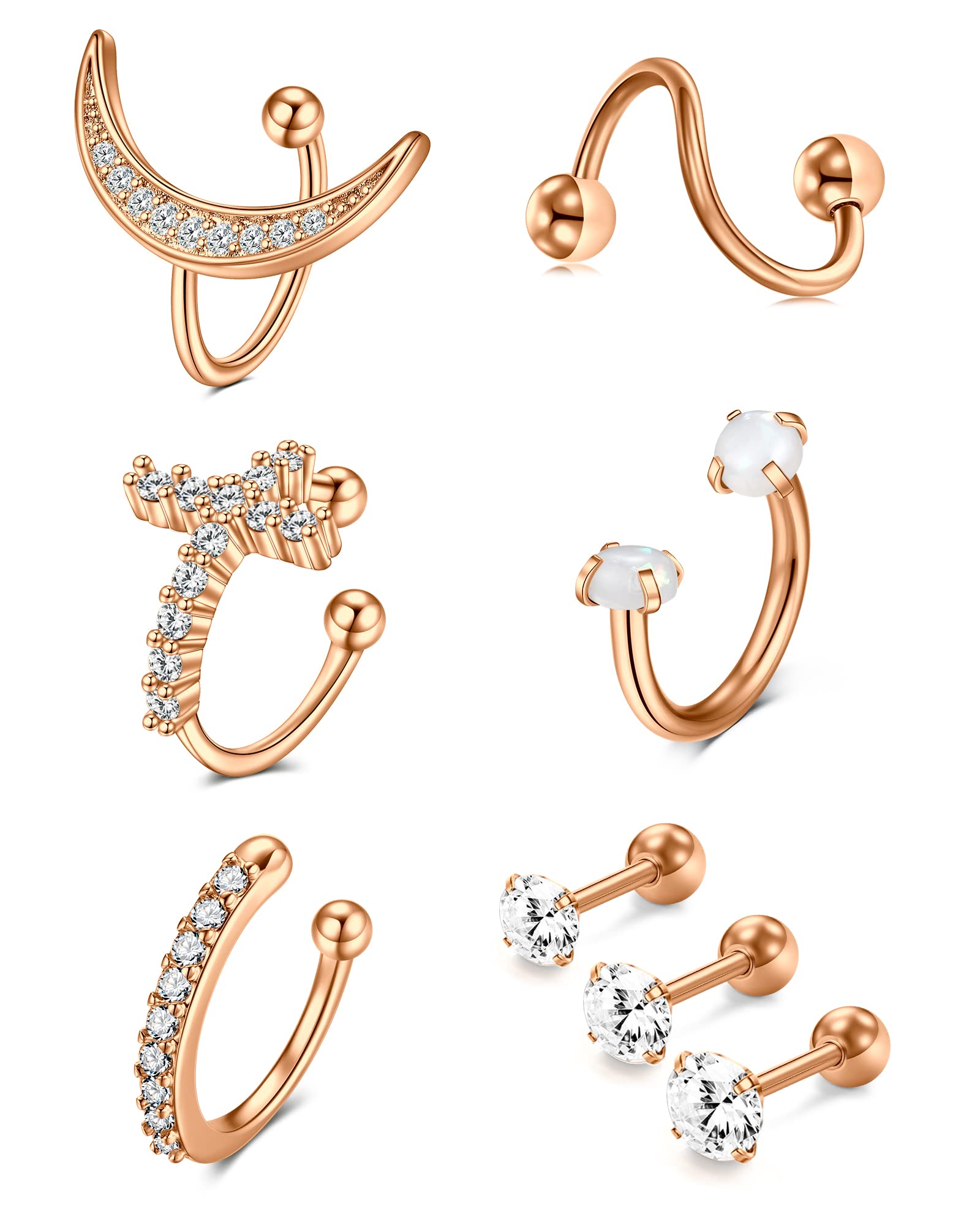 VFUN Cartilage Earrings 16G Opal Diamond CZ Helix Earrings Stainless Steel Conch Tragus Stud Ear Piercing Helix Hoop Jewellery Twist Tragus Piercing Silver