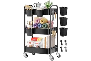 AOFURE 3 Tier Rolling Cart Metal with Wheels, Black Three Tiered Art Cart Organizer on Wheels, Storage Utility Trolley Carts for Kithcen, Craft, Nail, Lash, Makeup, Salon,Bedside, Bathroom, Office, Snack