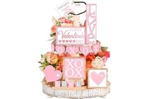 Pickmesh 21 Pcs Valentine's Day Tiered Tray Decor Set Valentine's Day Table Decorations Conversation Heart Wooden Decor Farmhouse Valentines Day Decorations Heart Wooden Signs for Home(Cute)