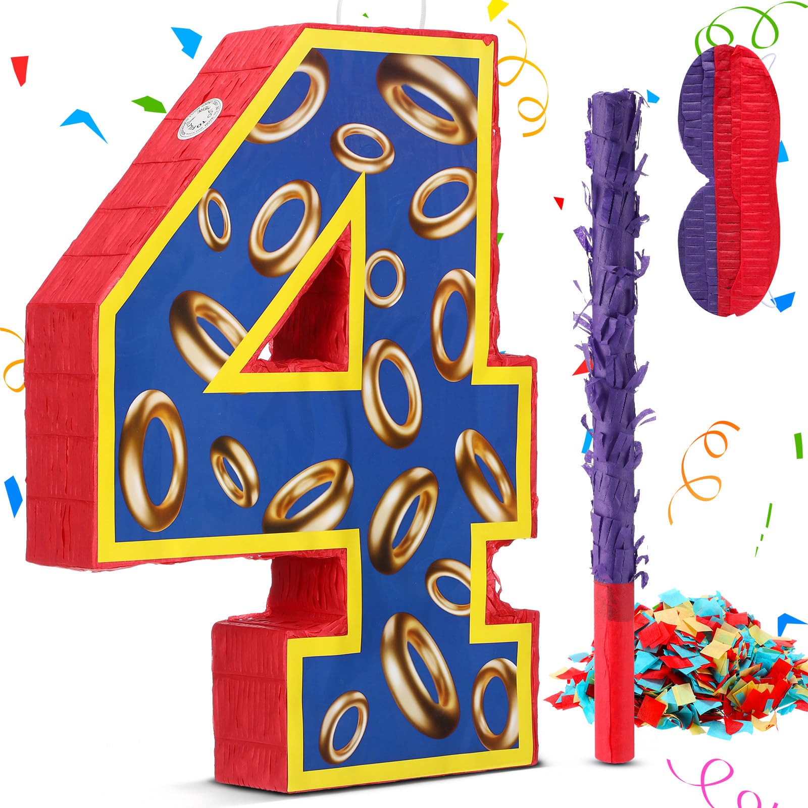 Photo 1 of 16 Inch Number 4 Blue and Golden Rings Pinata for Birthday Party Decorations, Blue Golden 4th Birthday Party Favor Supplies Fiesta Anniversary Celebration Birthday Pinata with Stick Blindfold Confetti