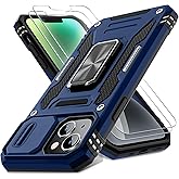 DEERLAMN Case for iPhone 13/iPhone 14 6.1-Inch with Slide Camera Cover+Screen Protector(2 Packs),Rotated Ring Kickstand Military Grade Shockproof Protective Cover-Navy Blue