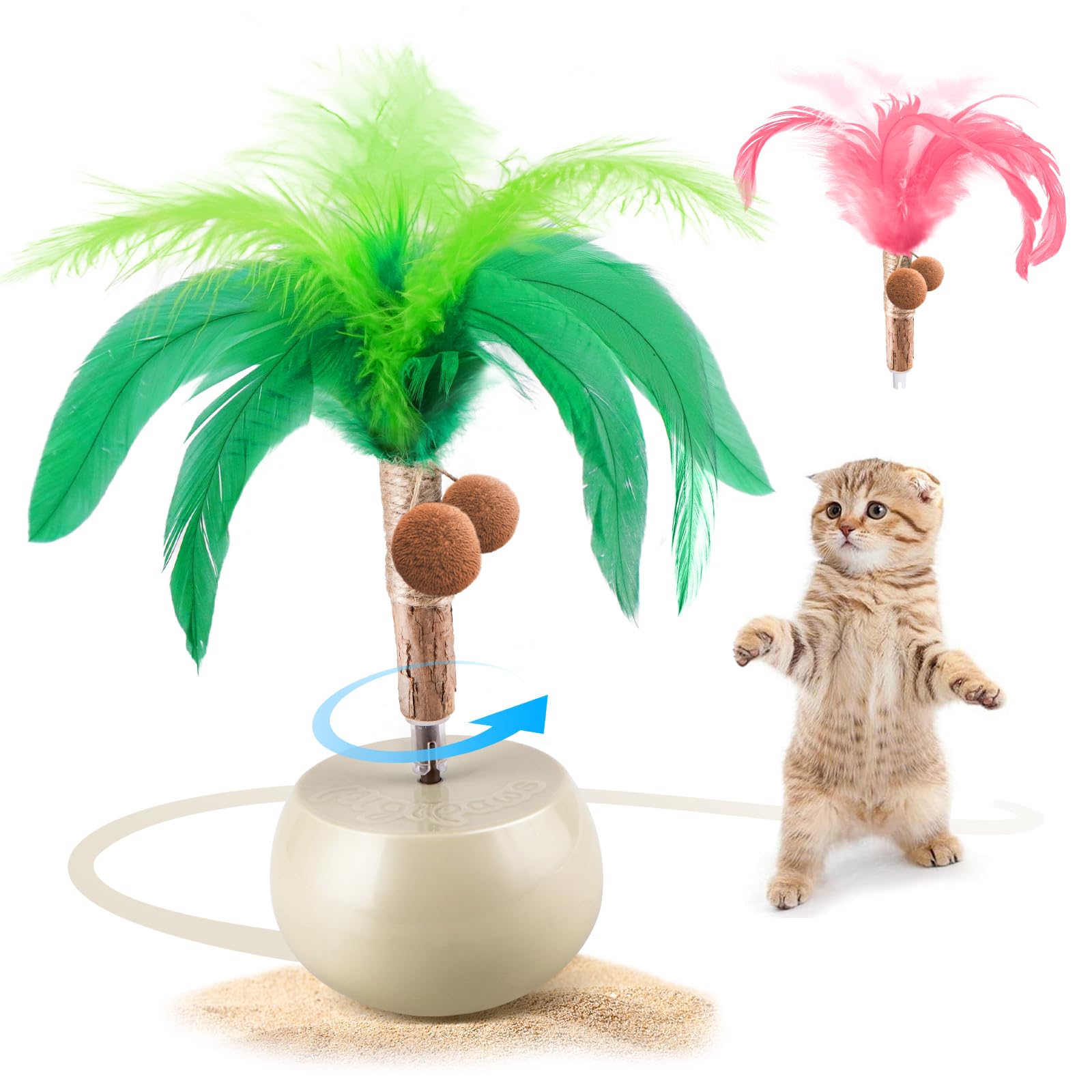 Migipaws Interactive Cat Toy, Feather Kitten Toy, Electric Rolling Tumbler for Indoor Cats, Automatic Cat Teaser, Silver Vine Stick, Rechargeable
