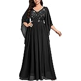 MISSMAY Women's Plus Size Deep V Neck Sequins Lace with Cape Cloak Sleeves Formal Evening Wedding Maxi Dress