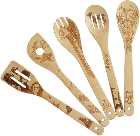 Amazon Com 5 Piece Set Kitchen Cooking Utensils Set Organic Bamboo Spoons Burned Wooden Spoon Turners Carved Spatulas Non Stick Great Gift For Chefs Foodies Harry Potter Kitchen Dining