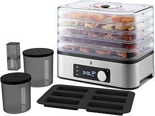 WMF Küchenminis Dörrautomat Edelstahl, Dörrgerät mit 5 Einlegefächer, 30-70°C, 24h-Timer, Obsttrockner, Dehydrator, 2 Boxen, Müsliriegelform, bpa-frei