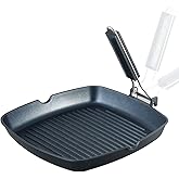 S·KITCHN Grill Pan with Folding Handle, Nonstick Grilling Pan for Stove Tops, Induction Compatible Square BBQ Pan with Pour Spouts - 11 in
