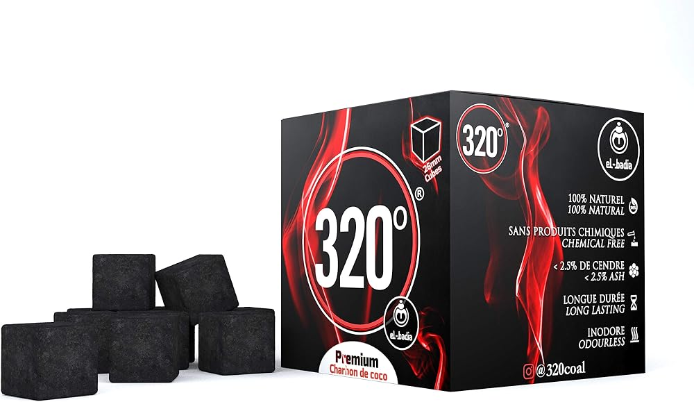 320º 320° Premium Shisha Coconut Charcoal 26mm Cube 1kg 64 pcs Nicotine Free