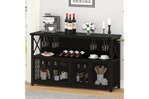 LVB Black Coffee Bar Cabinet, Modern Liquor Cabinet for Liquor and Glasses, Kitchen Sideboard Buffet Cabinet with Wine Rack Storage, Farmhouse Wine Cabinet for Home Living Dining Room, Black Oak 47 In