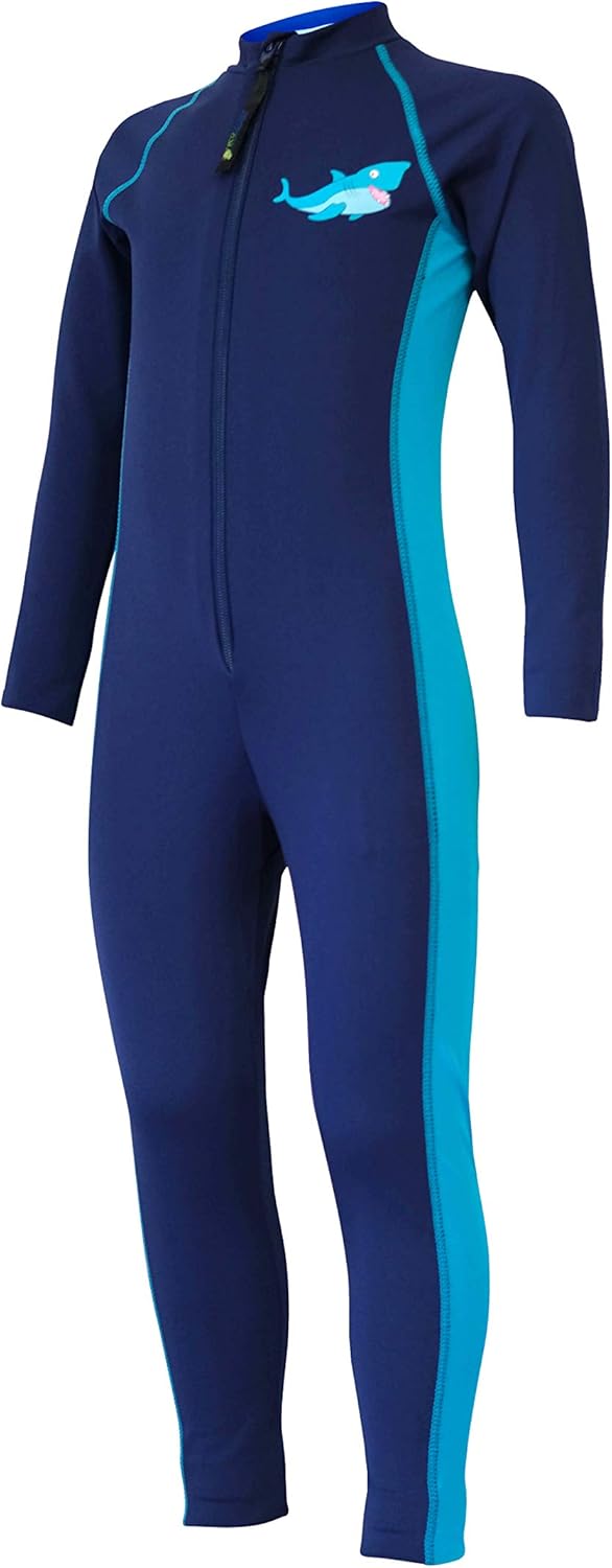 Boys One Piece Full Body Swimsuit Sun Protection Swimwear UPF50+ Navy Turquoise Shark Print