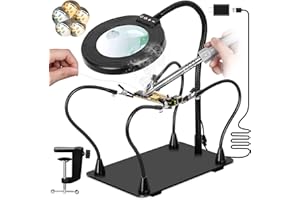 KUVRS 30X/12X Bifocals Magnifying Glass with Light and Stand, 14.2'' Magnetic Soldering Helping Hands, 5 Color Stepless Dimmable, Large Base & Clamp LED Magnifier for Repair Craft Hobby Model Painting