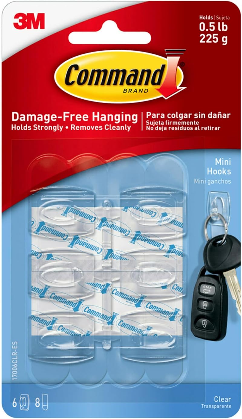 Command Mini Decorating Hooks Transparent Multi Pack 6 Hooks 8 Strips