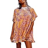 Women Short Sleeve Velvet Mini Dress Vintage Crew Neck Floral Printed Oversized Short Dress Summer Loose Boho Dress