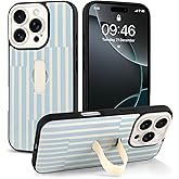Jefonha Compatible with iPhone 16 Pro Case with Finger Hand Strap Kickstand, Trendy Cool Striped Phone Case for Women Men, Full Camera Protection Shockproof Protective Cover, White and Blue Stripes