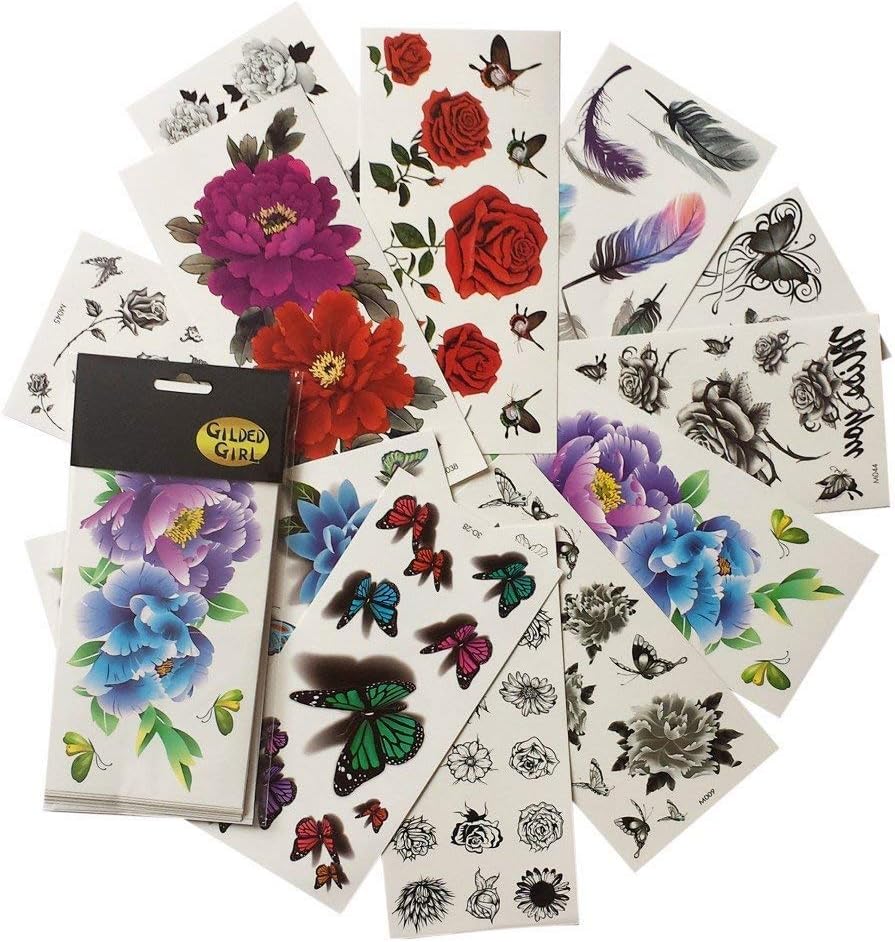 Floral Butterfly Tattoos (Pack of 12 Sheets) Bright Colorful 3D Flower Temporary Tattoo