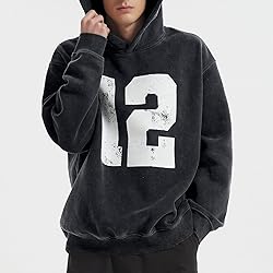 FAIABLE Black Hoodie Mens Acid Wash Oversized