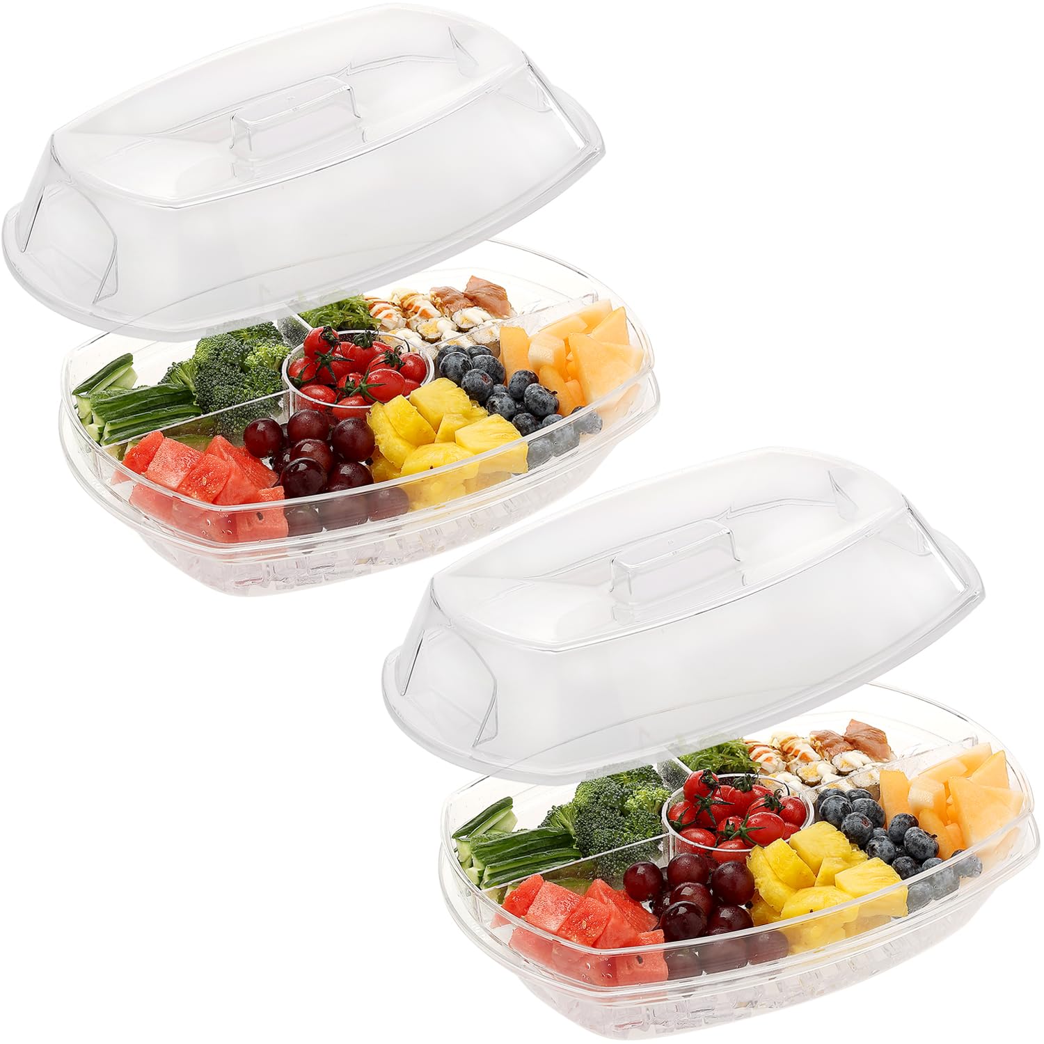 Photo 1 of 2 Pack - Ice Chilled Party Platter - Yatmung Veggie Tray with Lid for Parties - Large Shrimp Cocktail Serving Dish with Ice Underneath - Fruit, Vegetable, Appetizer -Cold Serving Tray with Ice Chamber