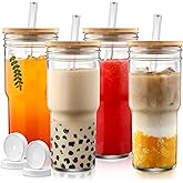 DWTS DANWEITESI Mason Jar with Lid and Straw,24 oz Iced Coffee Cup with Bamboo Lid and Straw,Boba Cups Smoothie Tumbler-Wide Mouth Reusable Glass Cups with Lid and Straws【4 Pack】