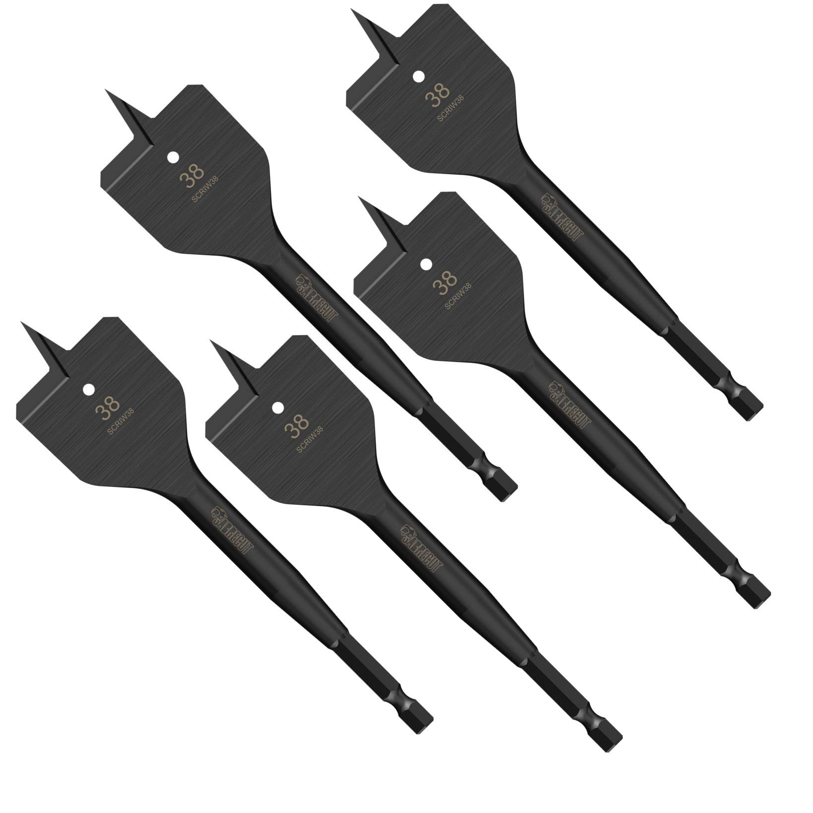 5 x SabreCut SCRIW38_5 38mm x 152mm Impact Rated Flat Wood Spade Bits for Softwood Hardwood Chipboard