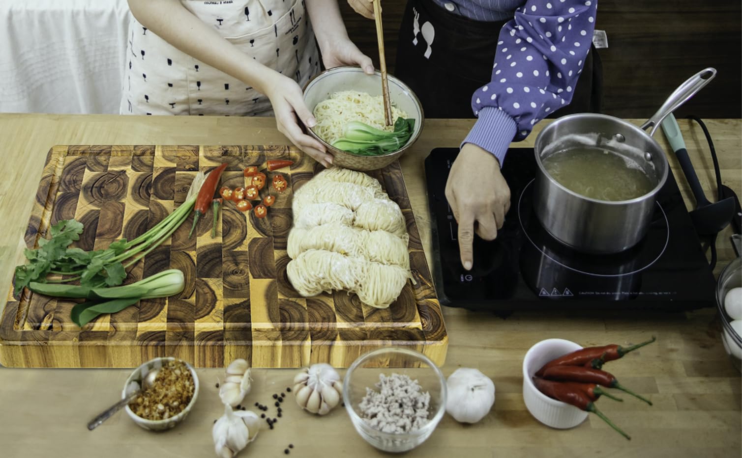 Acacia End Grain Cutting Board (17x13x1.5in), Butcher Block - Reversible Multipurpose Chopping Board with Juice Groove, Cracker Holder & Inner Handles
