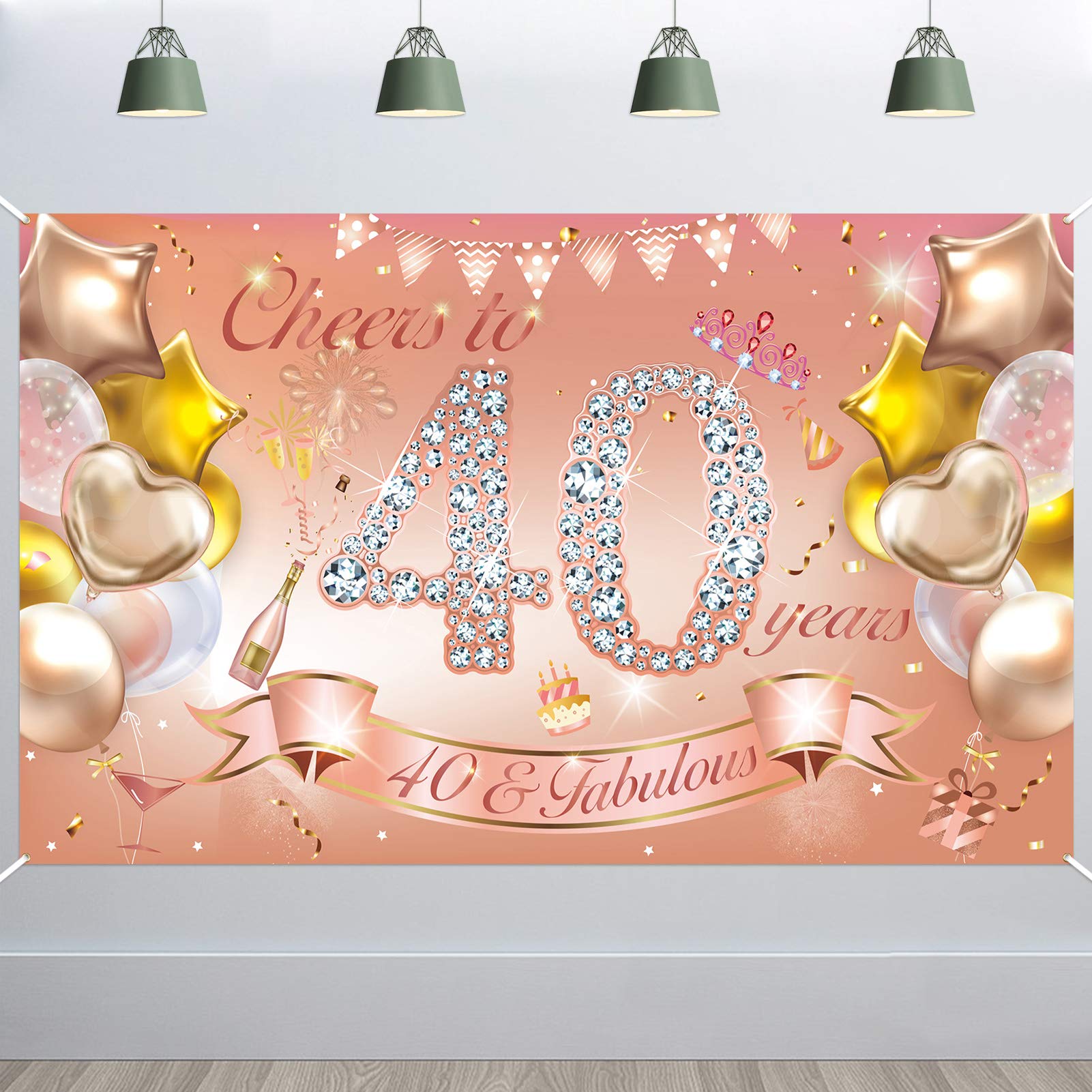 HOWAF Woman 40th Birthday Party Decoration Rose Gold, Fabric Backdrop Banner for Woman 40th Birthday Outdoor Garden Table Wall Decoration Supplies