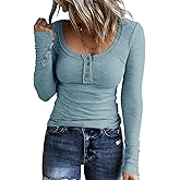 KINLONSAIR Women’s Long Sleeve Henley T Shirts Button Down Slim Fit Tops Scoop Neck Ribbed Knit Shirts