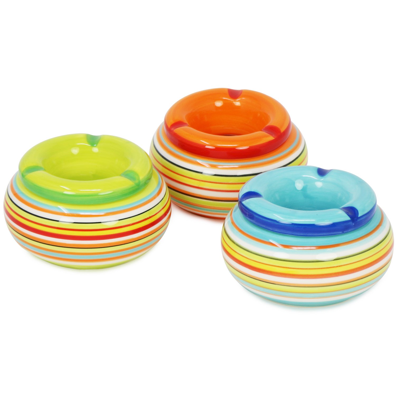 COM-FOUR® 3x wind ashtrays made of dolomite ceramic in blue, green, orange, each with colorful stripes [color selection varies] (03 pieces - Ø 11cm)