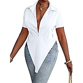 LYANER Women's Collar V Neck Button Front Short Sleeve Slit Hem Long Shirt Blouse Top