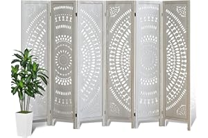Asnefeli 6 Panel Room Divider Screen, Carved Room Divider Panel, Privacy Screen Wood Room Divider Wall, Folding Room Divider for Room Separation Home Bedroom Office Portable Freestanding (Retro White)