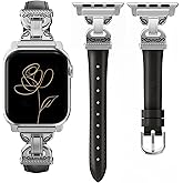Vipluck Slim Leather Band Compatible with Apple Watch Bands Women 38/40/41/42mm Dressy Thin Leather Strap with Designer Interlock Buckle for iWatch Series 10/9/SE/8/7/6/5/4/3/2/1, Black+Silver