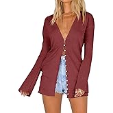 Saodimallsu Women Deep V Neck Cardigan Button Down Flare Long Sleeve Loose Open Front Knit Summer Lightweight Shirts