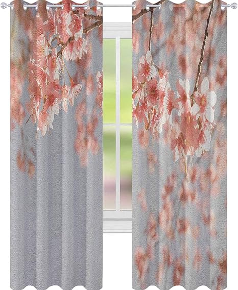 YUAZHOQI Peach Blackout Window Curtain Japanese Scenery Sakura Tree